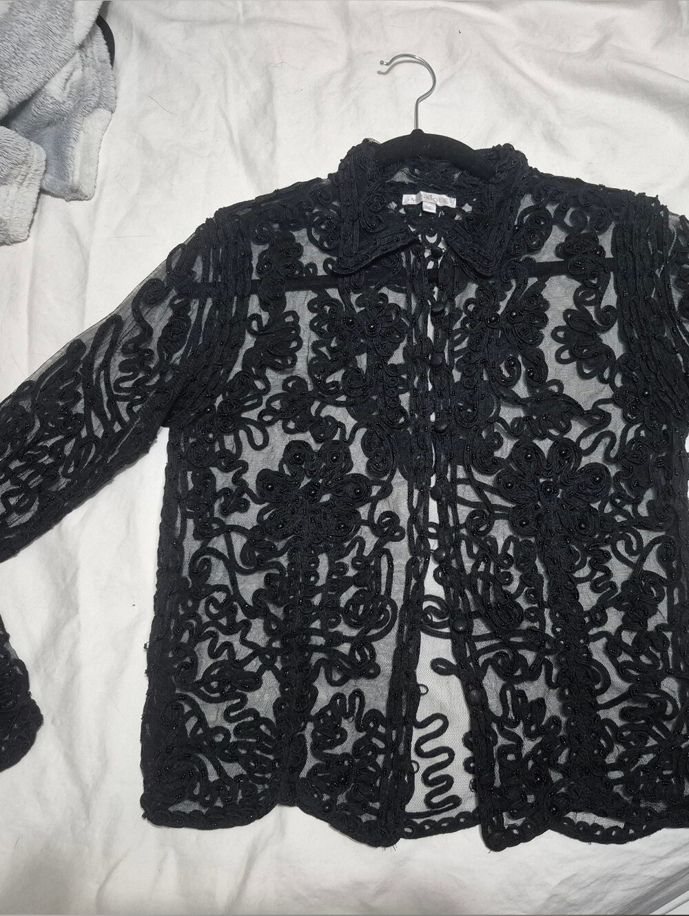 Source Unknown Black Sheer Lace Appliqué Button-Up Jacket
